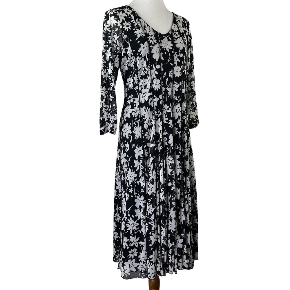 Coldwater Creek Floral Mesh Knit Midi Dress Black White Stretchy Fairy Grunge 10